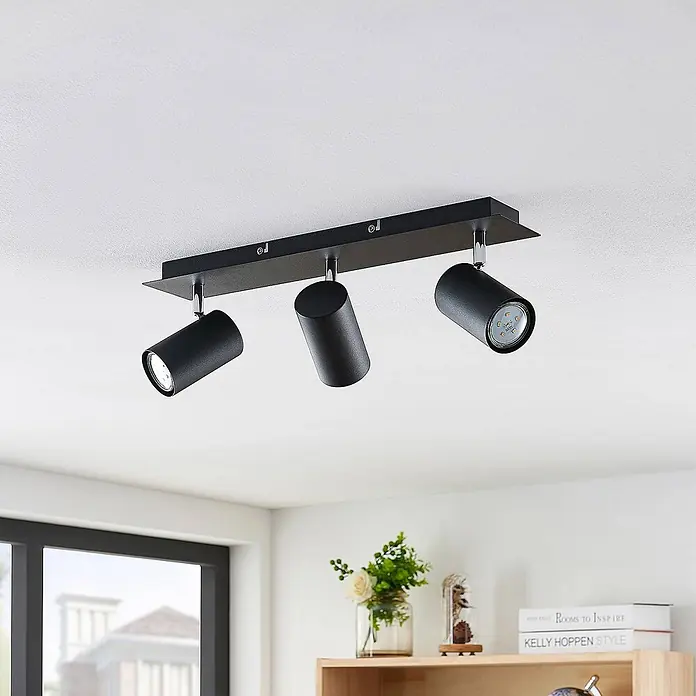 Lindby Deckenstrahler Joffrey - L x B x H: 49 x 9,5 x 16,5 cm, schwarz, schwarz, GU10 - Schwarze Deckenleuchte mit drei verstellbaren zylindrischen Strahlern an einer Schiene.