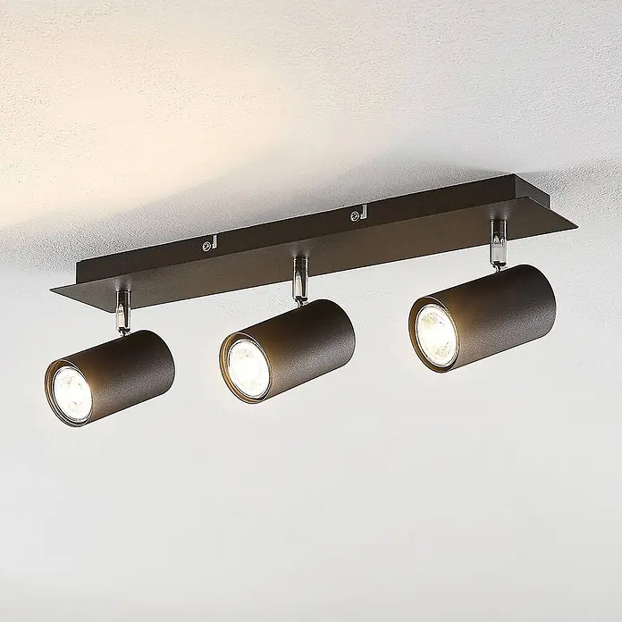 Lindby Deckenstrahler Joffrey - L x B x H: 49 x 9,5 x 16,5 cm, schwarz, schwarz, GU10 - Deckenleuchte aus dunklem Metall mit drei verstellbaren Strahlern.