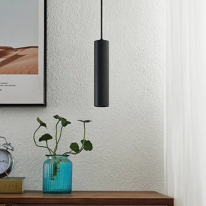 Prios Pendelleuchte Neliyah - L x B x H: 5,6 x 5,6 x 25 cm, schwarz, sandSchwarz, GU10 - Moderne schwarze zylindrische Pendelleuchte, hängt von der Decke.