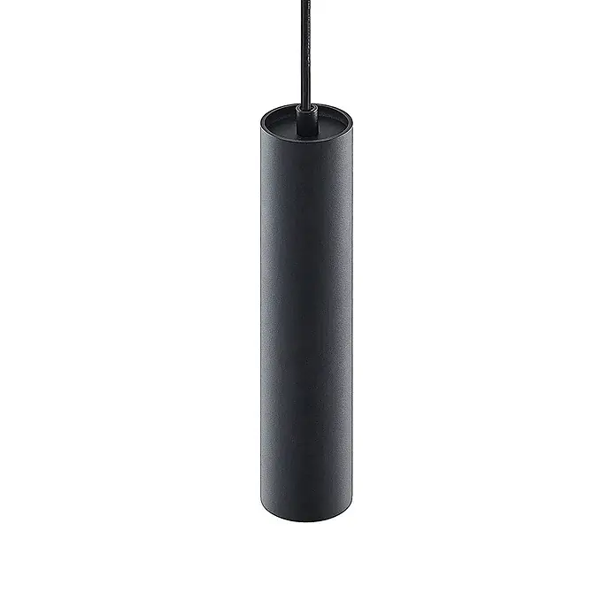 Prios Pendelleuchte Neliyah - L x B x H: 5,6 x 5,6 x 25 cm, schwarz, sandSchwarz, GU10 - Dunkelgraue zylindrische Pendelleuchte hängt an einem schwarzen Kabel.