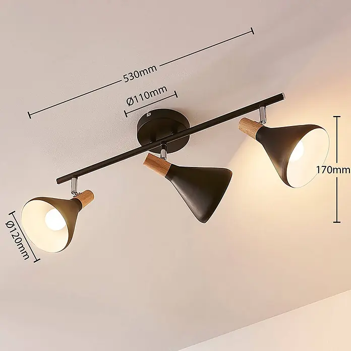 Lindby Deckenstrahler Arina - schwarz, schwarz, E14 - Schwarze Deckenleuchte aus Metall mit 3 Strahlern und Holzapplikationen.