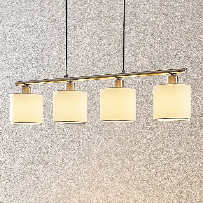 Lindby Pendelleuchte Stannis - L x B x H: 75 x 12 x 13,5 cm, weiß / opal, nickel matt, weiß, E14 - Lineare Pendelleuchte mit vier cremefarbenen Stoffschirmen an einer gebürsteten Metallstange.
