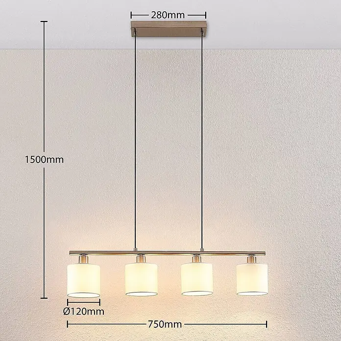 Lindby Pendelleuchte Stannis - L x B x H: 75 x 12 x 13,5 cm, weiß / opal, nickel matt, weiß, E14 - Vierflammige Pendelleuchte mit zylindrischen Stoffschirmen, messingfarbener Metallstange und Holz-Deckenhalterung.