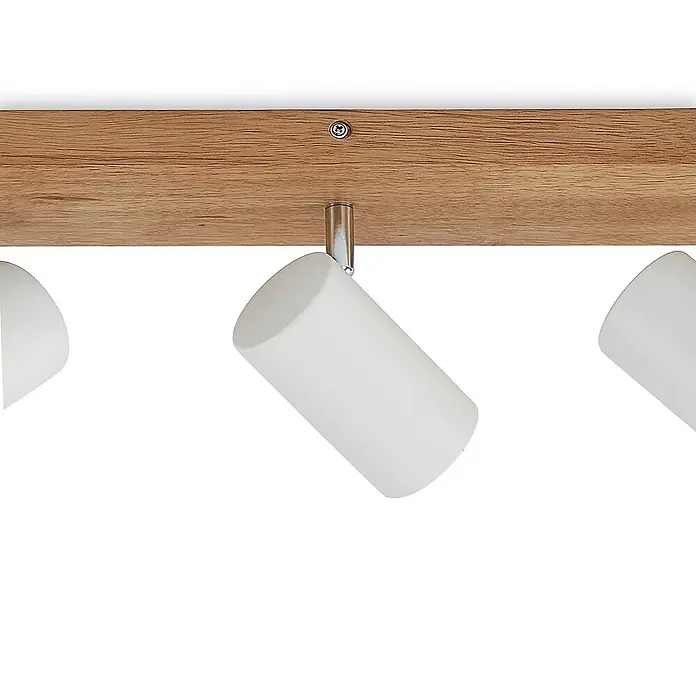 Lindby Deckenstrahler Maniva - Holz hell, weiß / opal, GU10 - Deckenleuchte aus Holz mit drei weißen zylindrischen Strahlern und Metallbefestigungen.