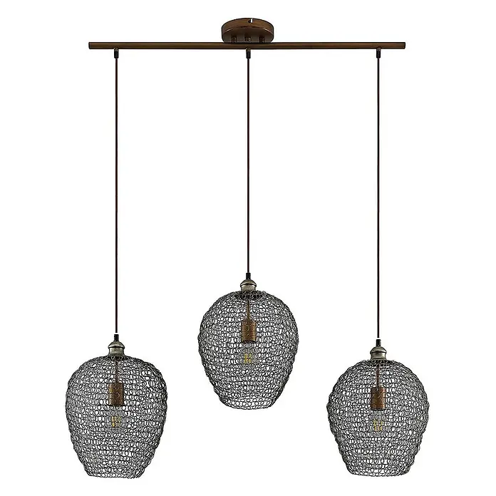Lindby Pendelleuchte Benja - schwarz, messing, E27 - Dreiflammige Pendelleuchte mit bronzefarbenem Balken und drei dunklen Metallgeflecht-Kugelschirmchen, jeweils mit Glühbirne.