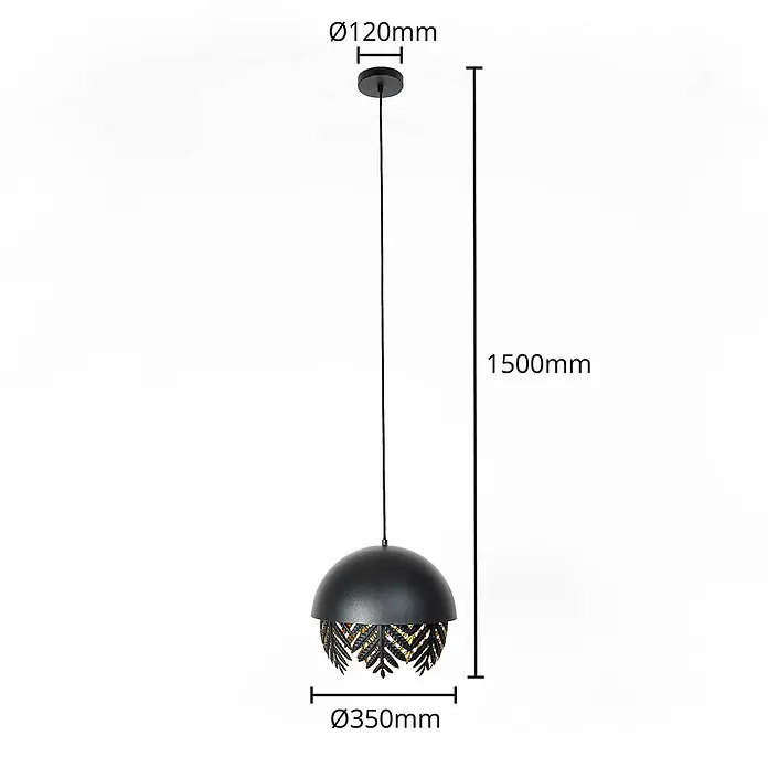 Lucande Pendelleuchte Aparas - schwarz, Schwarz, gold, E27 - Schwarze kugelförmige Hängeleuchte mit dekorativen Blattausschnitten. Gesamtlänge 1500mm, Schirm-Ø 350mm.
