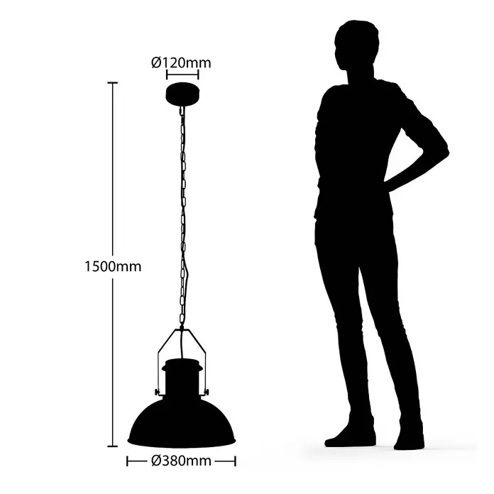 Lindby Pendelleuchte Freitjof - schwarz, Schwarz matt, nickel matt, E27 - Schwarze Industrie-Pendelleuchte, Ø 380 mm, 1500 mm lang, mit Person zur Größenansicht.