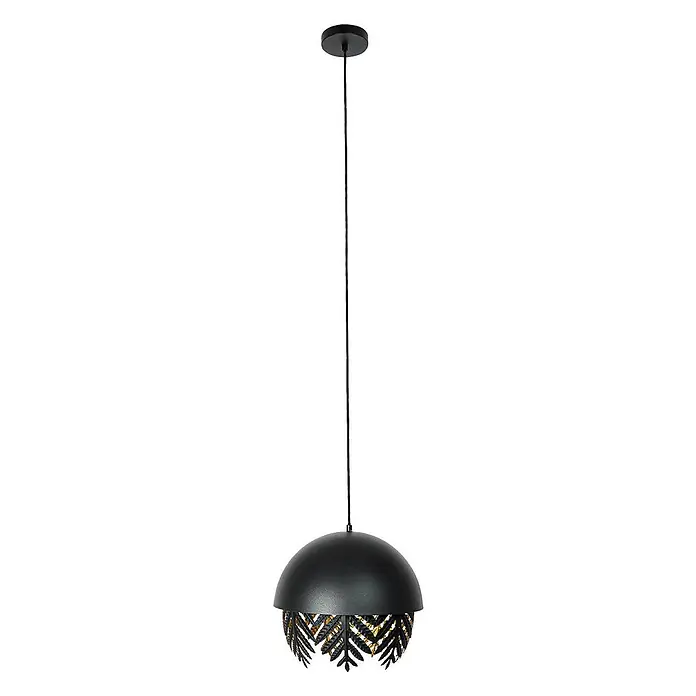 Lucande Pendelleuchte Aparas - schwarz, Schwarz, gold, E27 - Schwarze Pendelleuchte mit halbkugelförmigem Schirm und dekorativem schwarz-goldenem Blättermuster.