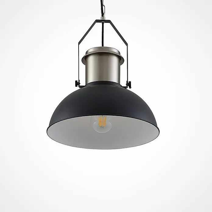 Lindby Pendelleuchte Freitjof - schwarz, Schwarz matt, nickel matt, E27 - Pendelleuchte im Industriestil mit schwarzem Schirm, gebürstetem Silberkopf und schwarzem Metallrahmen, mit klarer Glühbirne.