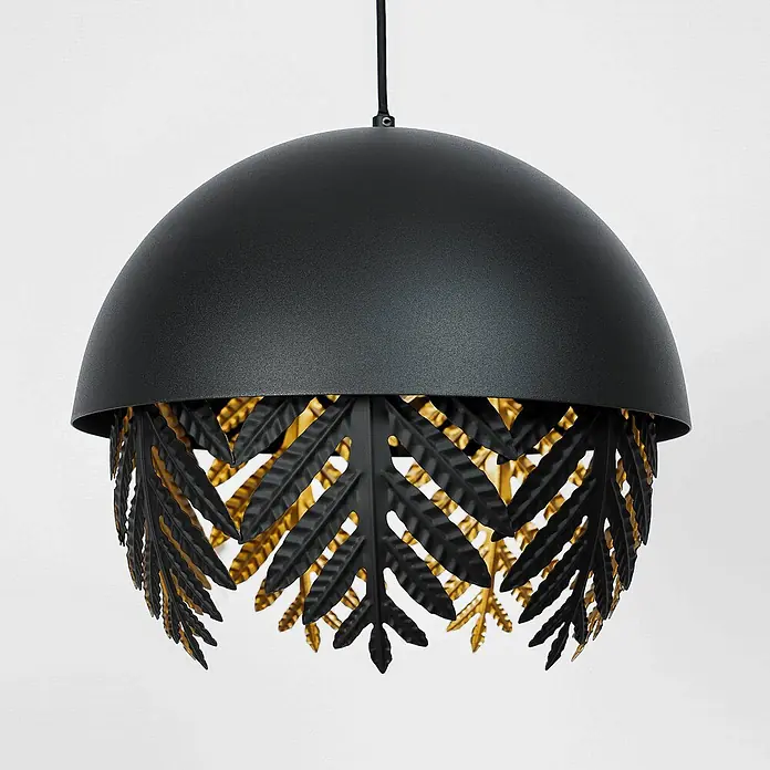 Lucande Pendelleuchte Aparas - schwarz, Schwarz, gold, E27 - Schwarze und goldene Hängeleuchte mit gewölbtem Schirm und Farnblatt-Details.