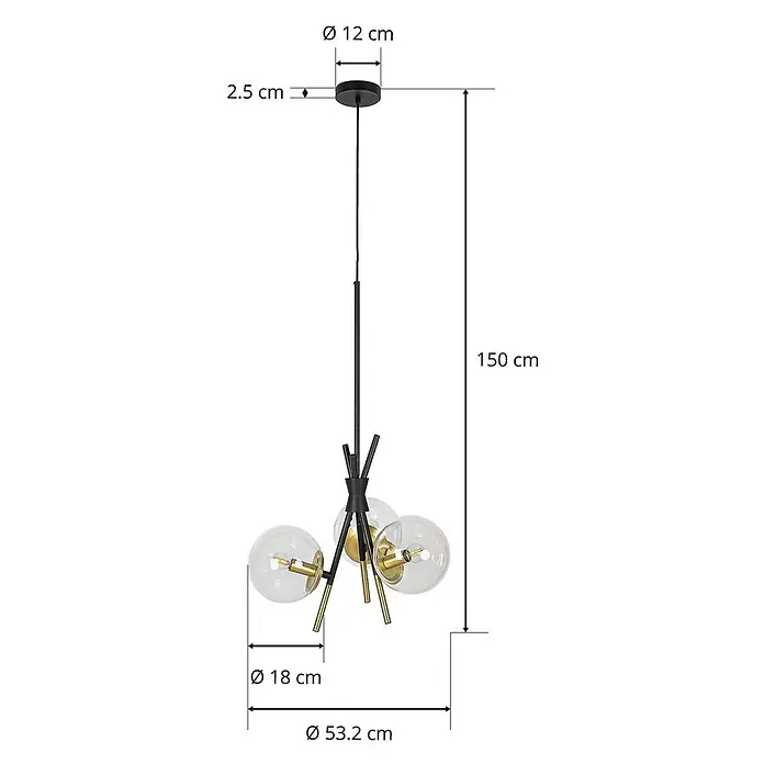 Lucande Pendelleuchte Sotiana - klar, Schwarz, messing, E14 - Schwarze und goldene Pendelleuchte mit Klarglaskugeln, 150 cm hoch, 53,2 cm breit.