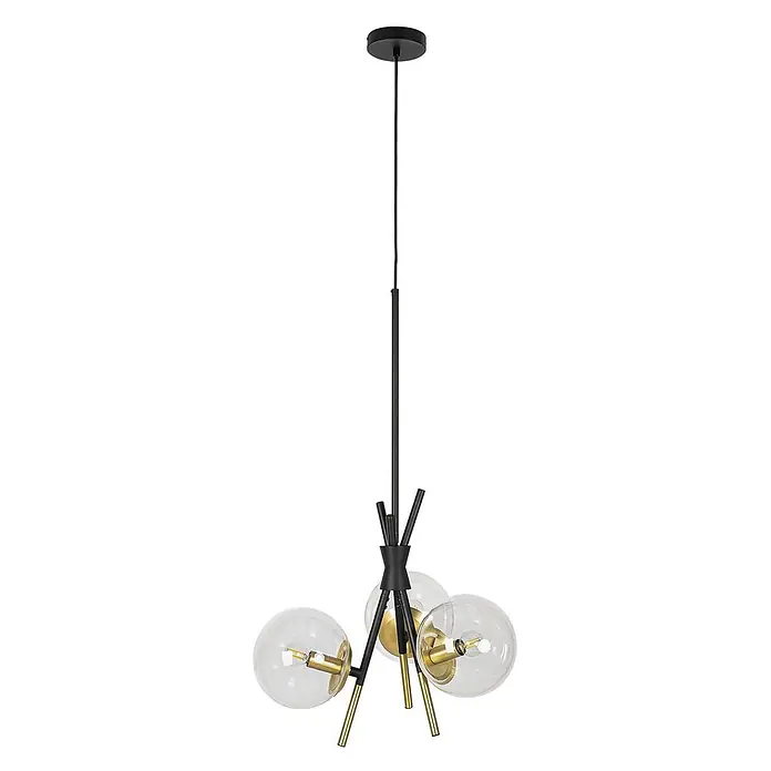 Lucande Pendelleuchte Sotiana - klar, Schwarz, messing, E14 - Moderne Pendelleuchte in Schwarz und Gold mit drei klaren Glaskugeln und sichtbaren Edison-Glühbirnen.