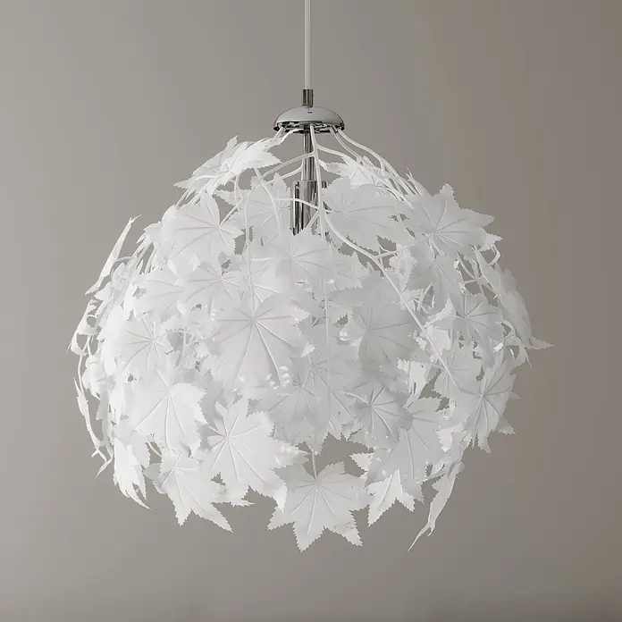 Lindby Pendelleuchte Maple - L x B x H: 38 x 38 x 150 cm, weiß / opal, weiß, chrom, E27 - Weiße kugelförmige Pendelleuchte mit Schirm aus zahlreichen weißen Blättern und Chromfassung.