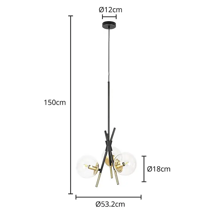Lucande Pendelleuchte Sotiana - klar, Schwarz, messing, E14 - Moderne schwarz-goldene Pendelleuchte mit drei Glaskugeln, 150cm hoch und 53.2cm breit.