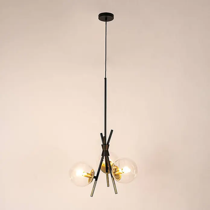 Lucande Pendelleuchte Sotiana - klar, Schwarz, messing, E14 - Schwarze Pendelleuchte mit drei Klarglaskugeln und Goldakzenten.