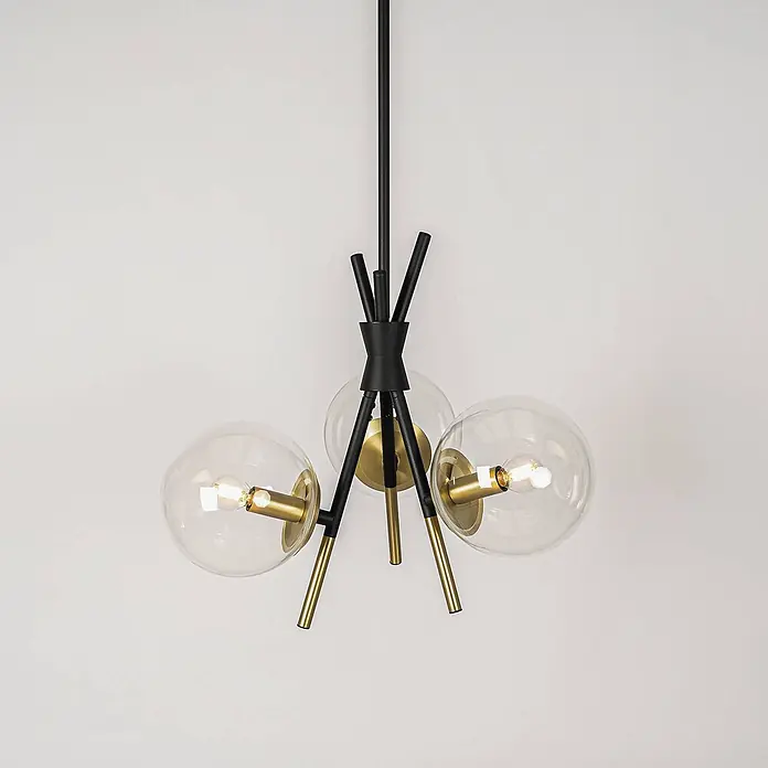Lucande Pendelleuchte Sotiana - klar, Schwarz, messing, E14 - Moderne schwarz-goldene Pendelleuchte mit drei Klarglas-Kugellampen.