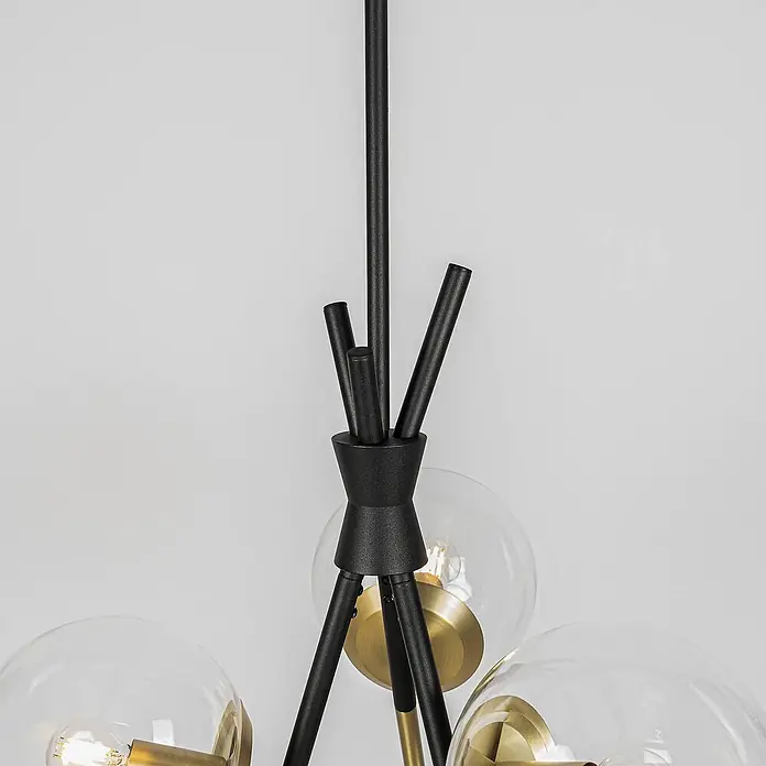 Lucande Pendelleuchte Sotiana - klar, Schwarz, messing, E14 - Moderne Pendelleuchte mit schwarzen Metallstäben, klaren Glaskugeln und Messingakzenten.