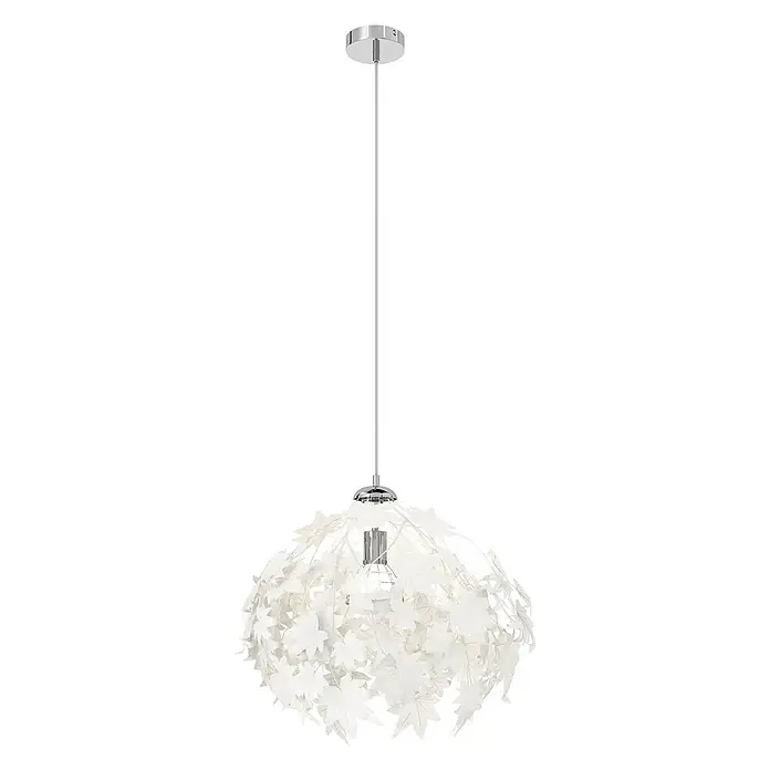 Lindby Pendelleuchte Maple - L x B x H: 38 x 38 x 150 cm, weiß / opal, weiß, chrom, E27 - Weiße Pendelleuchte in Blattform mit verchromter Deckenrosette und Lampenfassung.