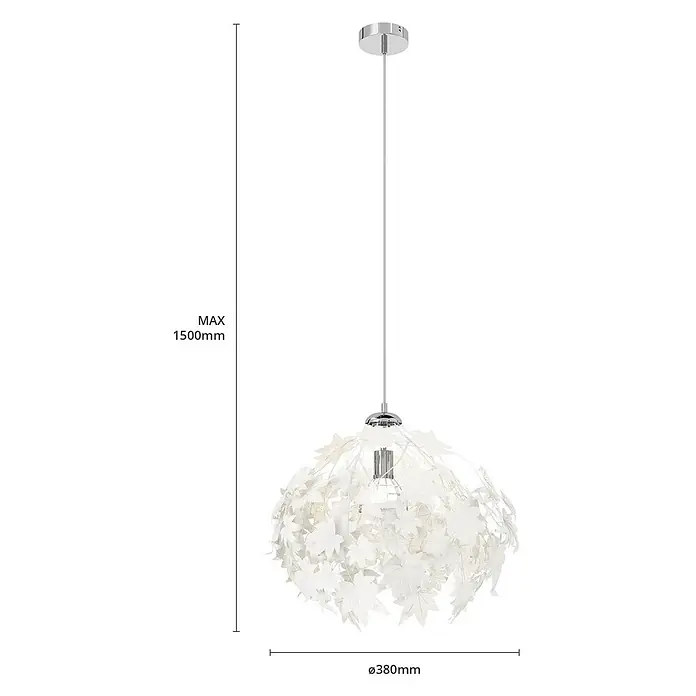 Lindby Pendelleuchte Maple - L x B x H: 38 x 38 x 150 cm, weiß / opal, weiß, chrom, E27 - Weiße Pendelleuchte mit dekorativem Blätter-Schirm und verchromten Metallteilen. Max. Höhe 1500mm, Ø 380mm.