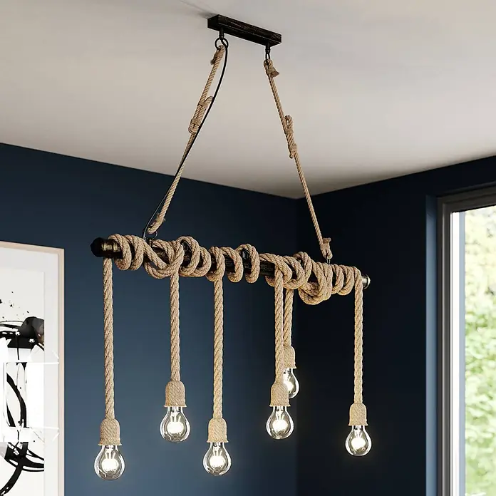 Lindby Pendelleuchte Hajo - L x B x H: 100 x 10 x 150 cm, creme / amber, Schwarz-braun, beige, E27 - Seil-Kronleuchter mit fünf sichtbaren Glühbirnen, einer seilumwickelten Stange und von der Decke hängend.