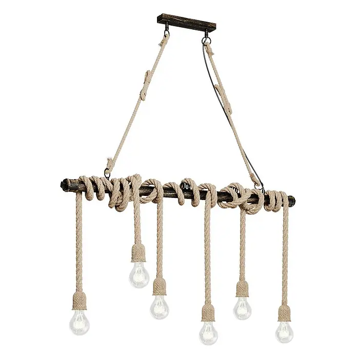 Lindby Pendelleuchte Hajo - L x B x H: 100 x 10 x 150 cm, creme / amber, Schwarz-braun, beige, E27 - Rustikaler Seil-Kronleuchter mit sechs sichtbaren Glühbirnen, der von einer dunklen Stange hängt.