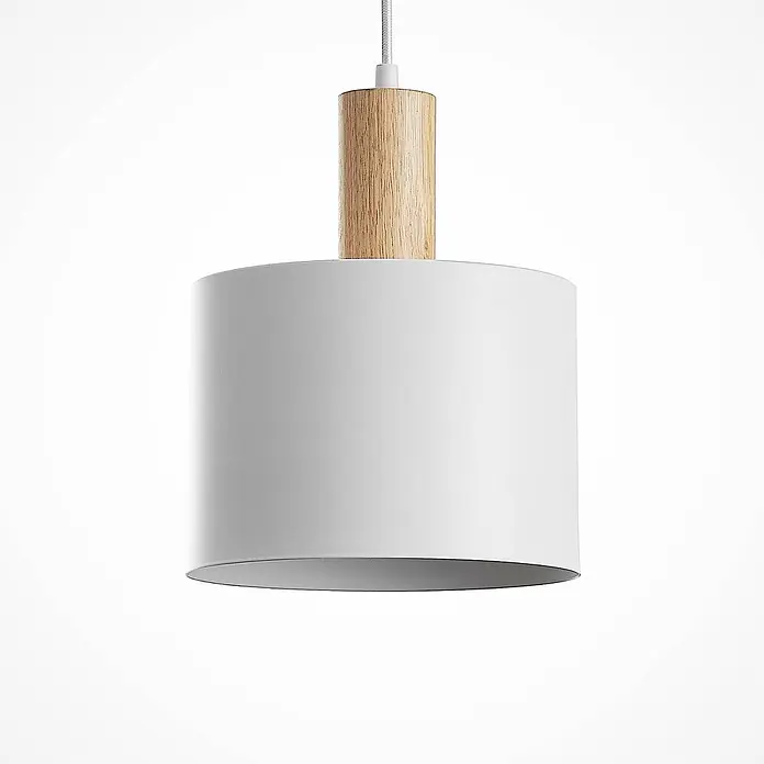 Lindby Pendelleuchte Kadir - L x B x H: 73 x 20 x 15 cm, weiß, holz, E27 - Weiße zylindrische Pendelleuchte mit hellem Holz-Akzent an der Oberseite, hängend an einer weißen Schnur.