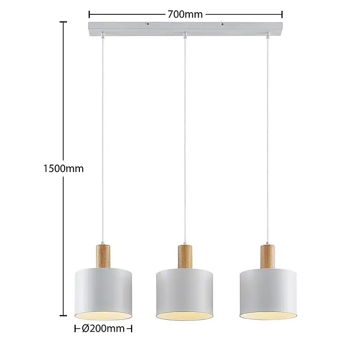 Lindby Pendelleuchte Kadir - L x B x H: 73 x 20 x 15 cm, weiß, holz, E27 - Weiße 3-flammige Pendelleuchte mit Holzdetails, 700mm Länge, 1500mm Höhe, Ø200mm Schirme.