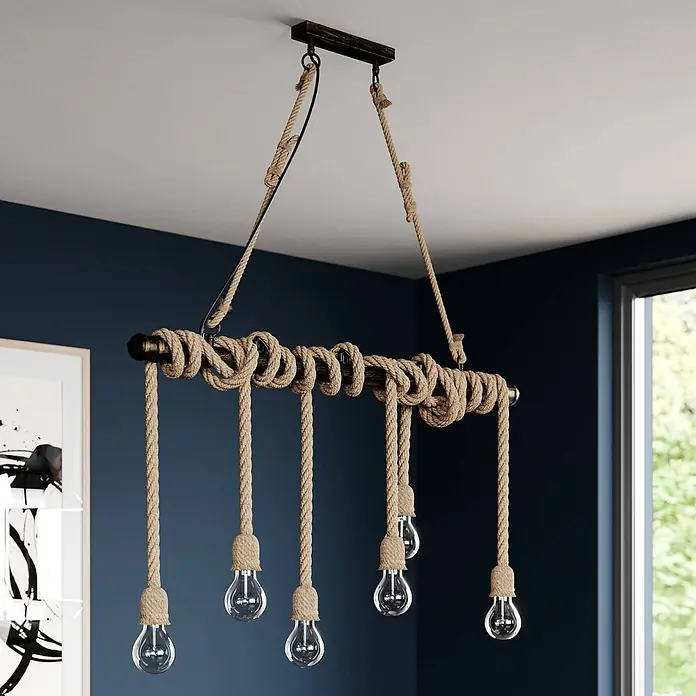 Lindby Pendelleuchte Hajo - L x B x H: 100 x 10 x 150 cm, creme / amber, Schwarz-braun, beige, E27 - Rustikaler Seil-Kronleuchter mit Querstreben-Design und freiliegenden Edison-Glühbirnen, an der Decke aufgehängt.