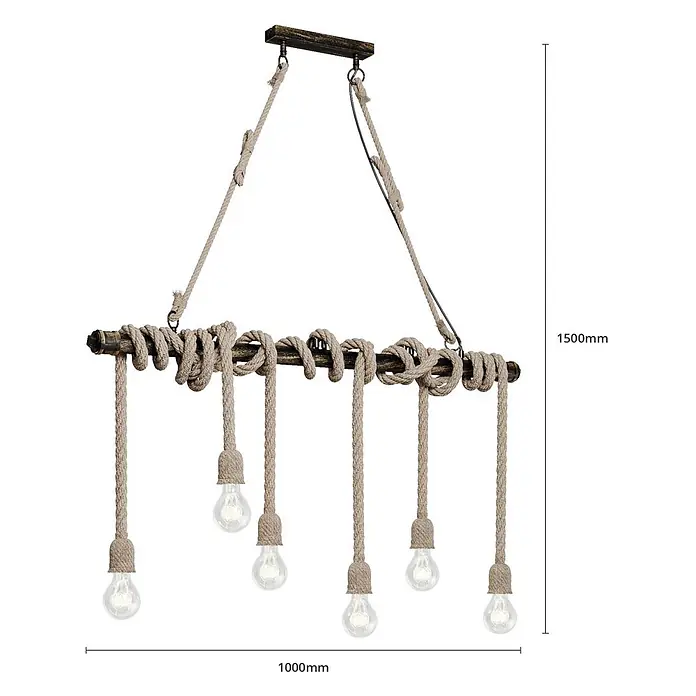 Lindby Pendelleuchte Hajo - L x B x H: 100 x 10 x 150 cm, creme / amber, Schwarz-braun, beige, E27 - Rustikaler Kronleuchter mit dunklem Holzbalken, Naturseil-Details und sechs sichtbaren Glühbirnen.