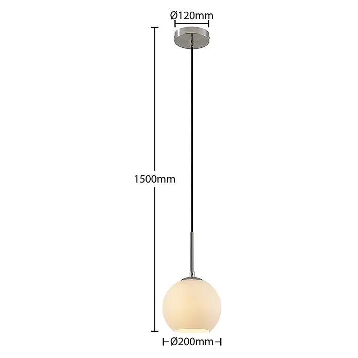 Lindby Pendelleuchte Jurian - L x B x H: 20 x 20 x 17,5 cm, weiß / opal, nickel, opal matt, E27 - Moderne Pendelleuchte mit weißem Kugelschirm, schwarzem Kabel und gebürsteten Metalldetails. Gesamtlänge 1500mm, Schirm Ø200mm, Rosette Ø120mm.