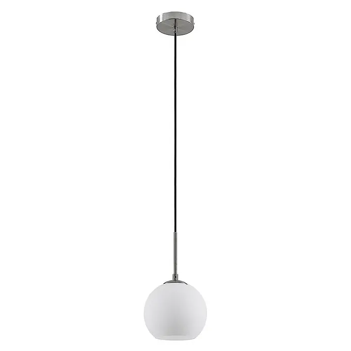 Lindby Pendelleuchte Jurian - L x B x H: 20 x 20 x 17,5 cm, weiß / opal, nickel, opal matt, E27 - Moderne Pendelleuchte mit weißem Kugelglasschirm, aufgehängt an schwarzem Kabel und gebürsteten Metallteilen.
