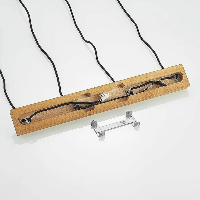 Lindby Pendelleuchte Maniva - L x B x H: 60 x 8 x 18 cm, schwarz, holz hell, Schwarz, GU10 - Hölzerne Pendelleuchten-Schiene mit sichtbarer schwarzer Innenverkabelung und separater silberner Montagehalterung.