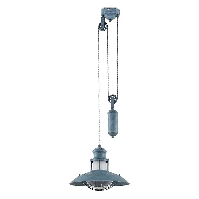 Lindby Pendelleuchte Louisanne - L x B x H: 35 x 35 x 25,7 cm, alu / grau / zink, grau-Grün, klar, E27 - Blaugraue Industrie-Pendelleuchte mit Flaschenzug und Gegengewicht, an gedrehten Kabeln aufgehängt.