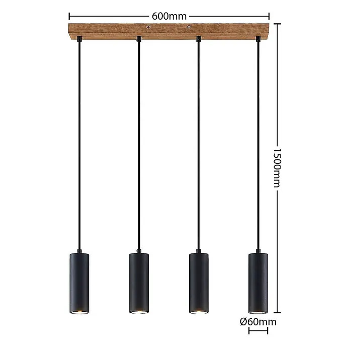 Lindby Pendelleuchte Maniva - L x B x H: 60 x 8 x 18 cm, schwarz, holz hell, Schwarz, GU10 - Vier schwarze zylindrische Pendelleuchten an einer 600mm Holzstange, mit 1500mm Gesamthöhe und 60mm Lampendurchmesser.