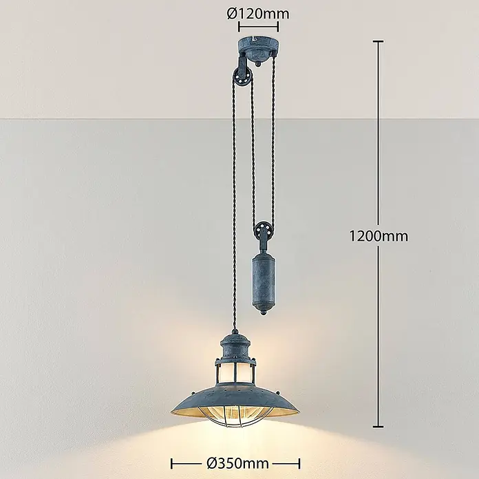 Lindby Pendelleuchte Louisanne - L x B x H: 35 x 35 x 25,7 cm, alu / grau / zink, grau-Grün, klar, E27 - Wettergraue industrielle Metall-Hängeleuchte mit dekorativem Flaschenzugsystem.