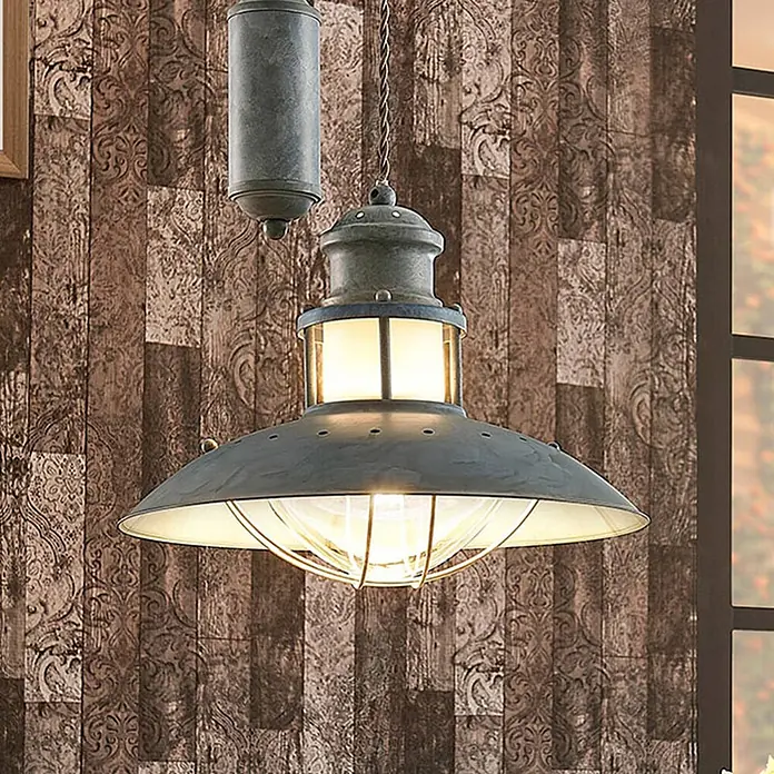 Lindby Pendelleuchte Louisanne - L x B x H: 35 x 35 x 25,7 cm, alu / grau / zink, grau-Grün, klar, E27 - Gealterte graue Industrie-Pendelleuchte mit breitem Metallschirm und Schutzgitter.
