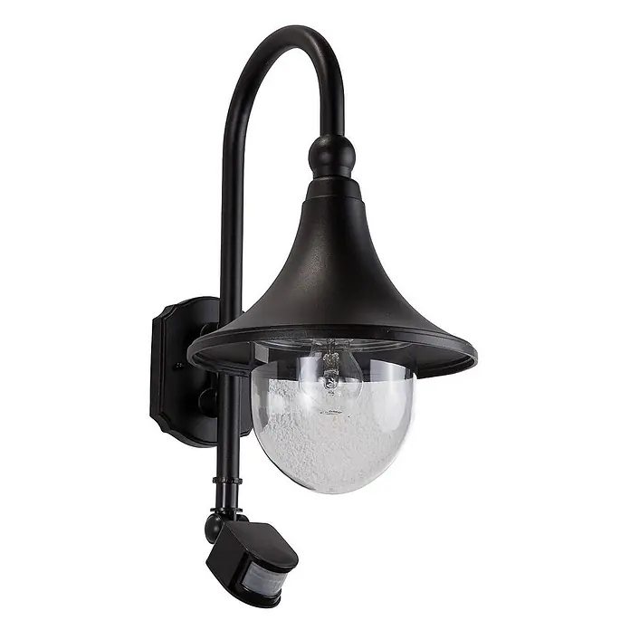 Lindby Außenwandleuchte Daphne - 35,5 x 24,5 x 44,2 cm, schwarz, schwarz, IP44 - Schwarze Metall-Außenwandleuchte mit Bogenarm, Glockenschirm, klarer Glaskugel und integriertem Bewegungssensor.