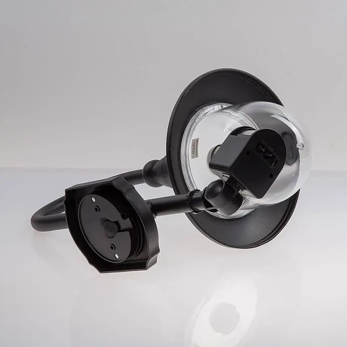 Lindby Außenwandleuchte Daphne - 35,5 x 24,5 x 44,2 cm, schwarz, schwarz, IP44 - Schwarze Wandleuchte mit klarem Sensordom, der 'SENS TIME LUX' Einstellungen und ein 'OPEN' Etikett zeigt.