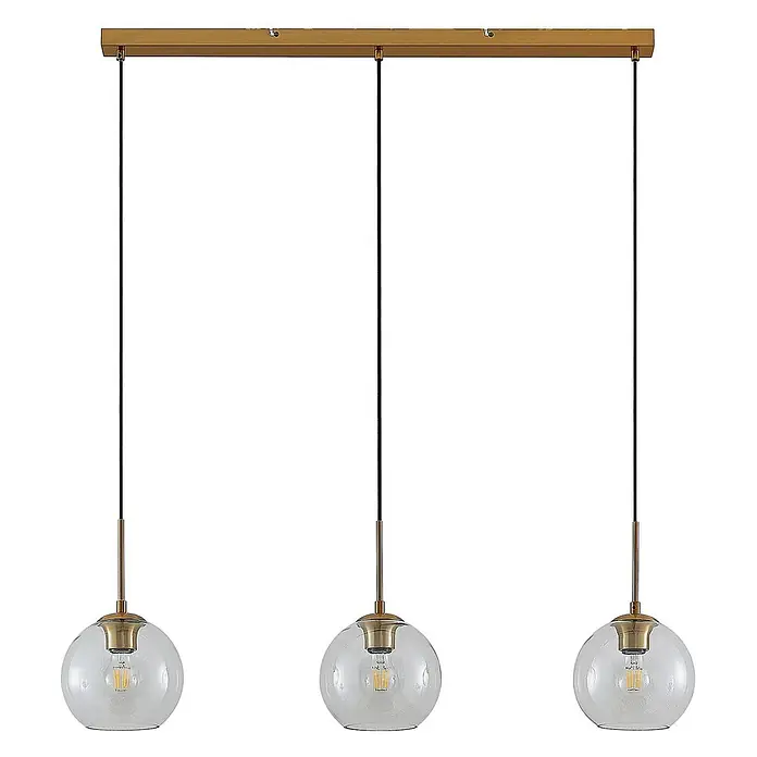 Lindby Pendelleuchte Grady - L x B x H: 110 x 20 x 17,5 cm, klar / transparent, messing, transparent, Schwarz, E27 - Lineare Pendelleuchte mit drei Klarglaskugeln und messingfarbenen Beschlägen, an einer rechteckigen Stange hängend.