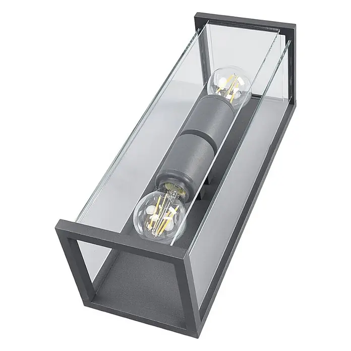 Lucande Außenwandleuchte Annalea - schwarz, klar / transparent, IP54 - Dunkelgraue Metall-Außenwandleuchte aus Klarglas mit zwei freiliegenden LED-Glühlampen.