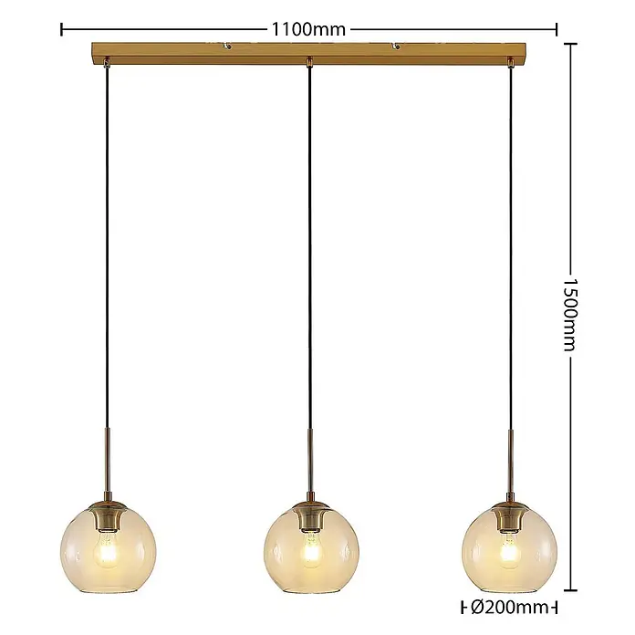 Lindby Pendelleuchte Grady - L x B x H: 110 x 20 x 17,5 cm, klar / transparent, messing, transparent, Schwarz, E27 - Dreiflammige Pendelleuchte mit goldener Leiste und bernsteinfarbenen Glaskugelschirmen.
