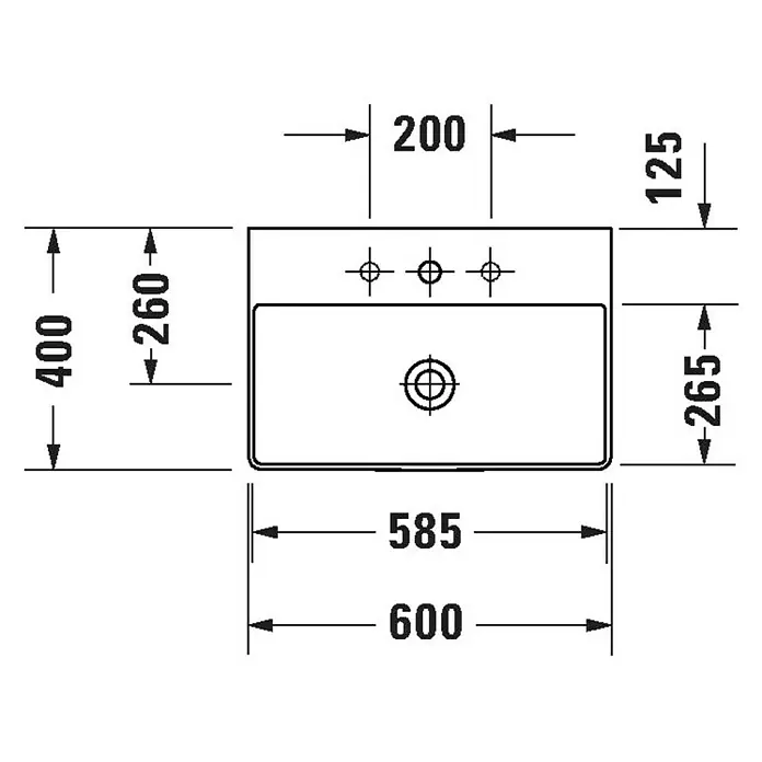 Duravit DuraSquare Waschtisch Compact - 60 x 40 cm, Ohne Spezialglasur, Hahnloch: Mitte, Ohne Überlauf, Weiß, Geschliffen - Technische Zeichnung eines rechteckigen Waschbeckens mit Maßangaben für Installation.