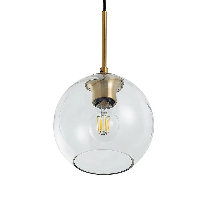 Lindby Pendelleuchte Grady - L x B x H: 110 x 20 x 17,5 cm, klar / transparent, messing, transparent, Schwarz, E27 - Klare Glaskugel-Pendelleuchte mit Messingbeschlägen und LED-Glühbirne.