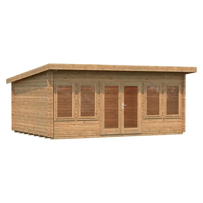 Palmako Gartenhaus Lisa - Außenmaß inkl. Dachüberstand (B x T): 578 x 447 cm, Holz, Hellbraun - Abbildung eines Holzschuppens mit Fenstern und Doppeltür, ideal für Gartenlagerung. Das Holzhaus bietet viel Platz und natürliches Aussehen.