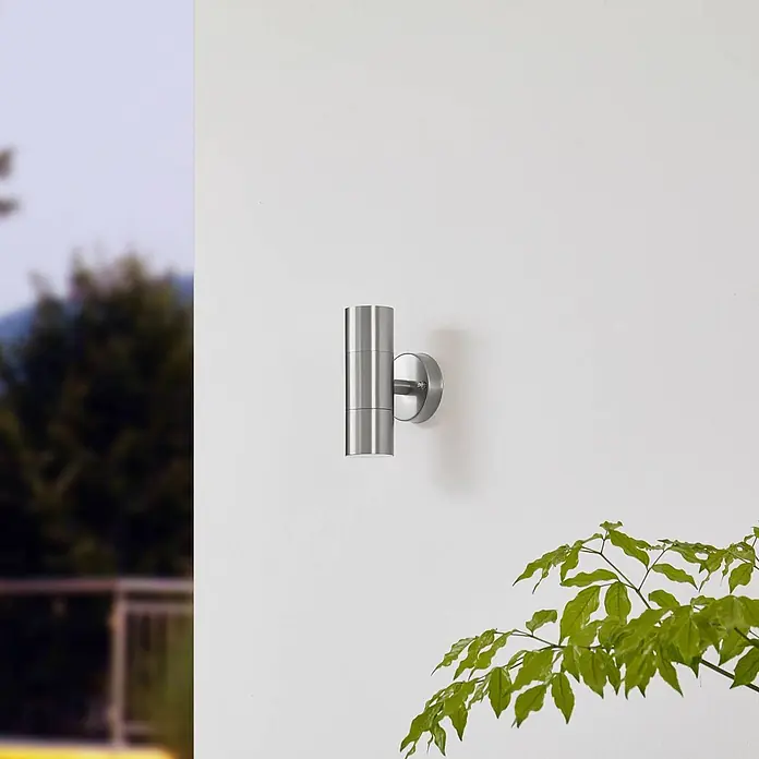 Lindby Außenwandleuchte Hakan - alu / grau / zink, alu / grau / zink, IP44 - Gebürstete Edelstahl-Außenwandleuchte mit zwei zylindrischen Lichtern.