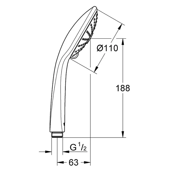 Grohe Euphoria 110 Handbrause - Anzahl Funktionen: 3 Stk., 9,5 l/min, Chrom - Abbildung einer Handbrause mit Maßangaben. Die Brause hat einen Durchmesser von 110 mm und eine Höhe von 188 mm.
