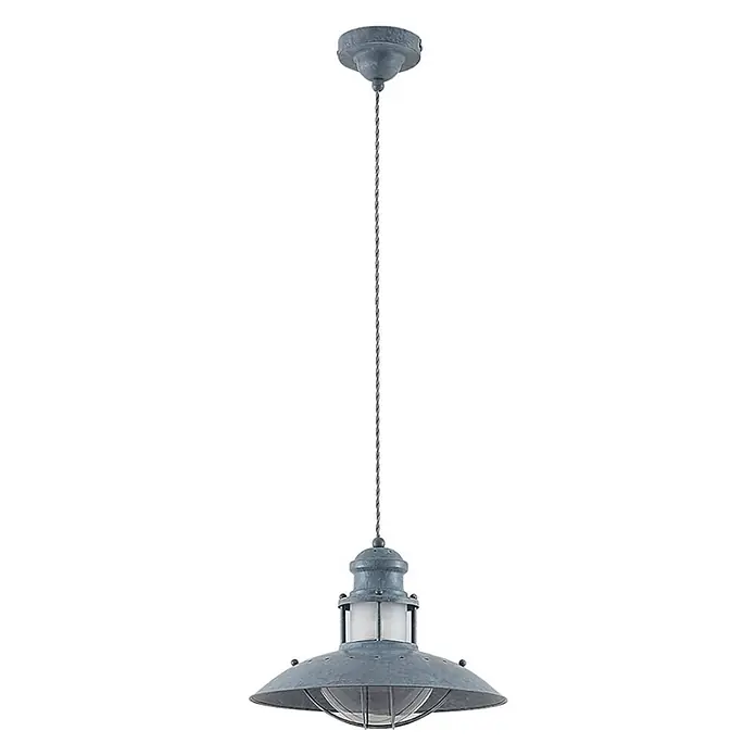 Lindby Pendelleuchte Louisanne - L x B x H: 35 x 35 x 25,7 cm, alu / grau / zink, grau-Grün, klar, E27 - Altgraue industrielle Pendelleuchte mit breitem Metallschirm, vergittertem Glas und gedrehtem Kabel.