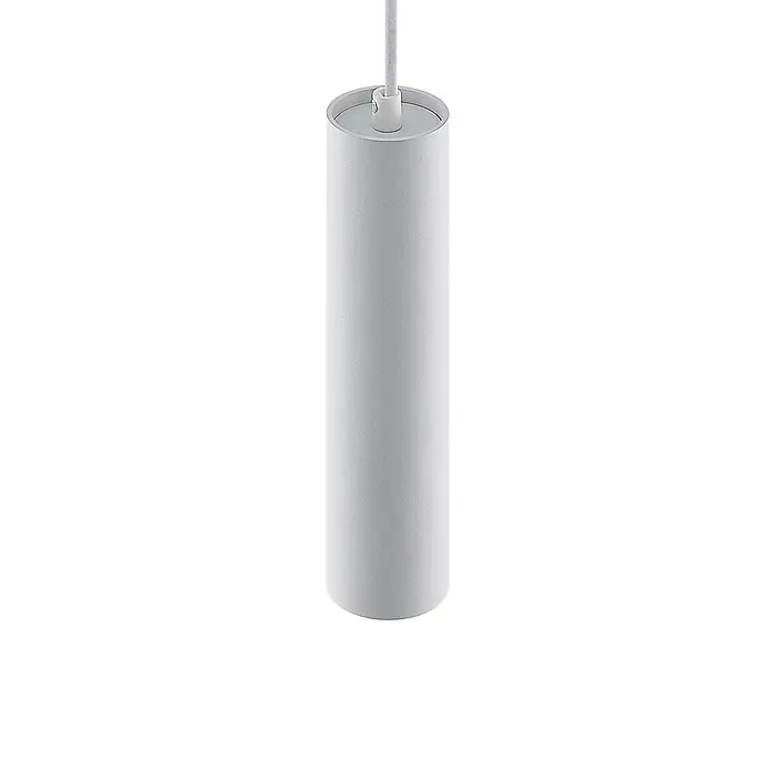 Prios Pendelleuchte Neliyah - weiß / opal, sandweiß, GU10 - Zylindrische graue Pendelleuchte mit strukturierter Oberfläche, die an einem dünnen Kabel hängt.
