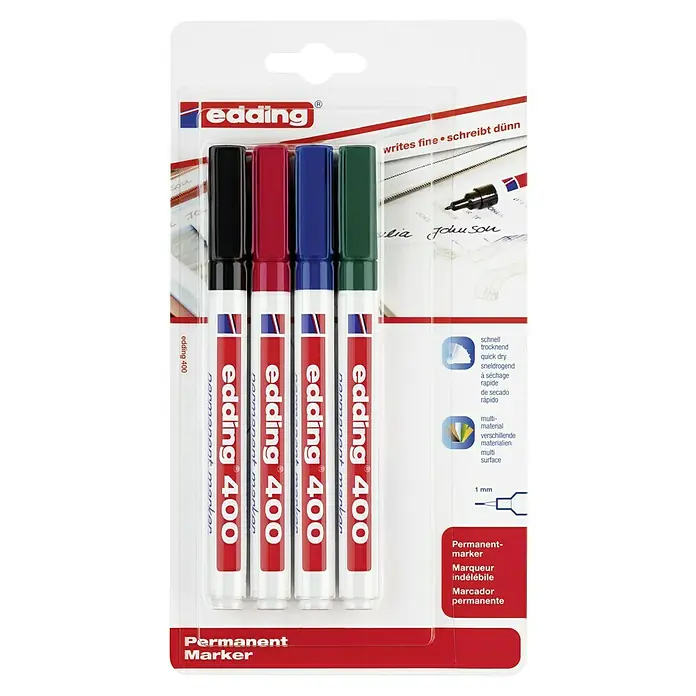 Edding Permanentmarker 400 - Strichstärke: 1 mm, Schwarz/Rot/Blau/Grün - Packung Edding 400 Permanentmarker in Schwarz, Rot, Blau und Grün für feine Linien und dauerhafte Markierungen auf verschiedenen Oberflächen.