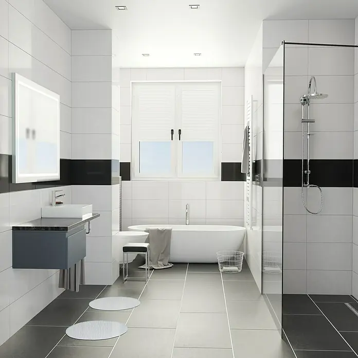 Camargue Espacio Unterschrank60 x 46 x 30 cm, Gama anthrazit matt - Helles Badezimmer mit weißem Interieur, Akzenten in Schwarz, Dusche, Badewanne und Waschtisch. Das Badezimmer ist modern und stilvoll eingerichtet.